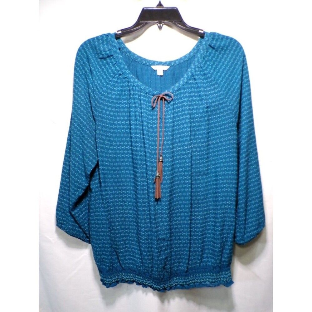SONOMA Lifestyle Women's Blue Patterned Blouse Long Sleeve Tie Top Size L